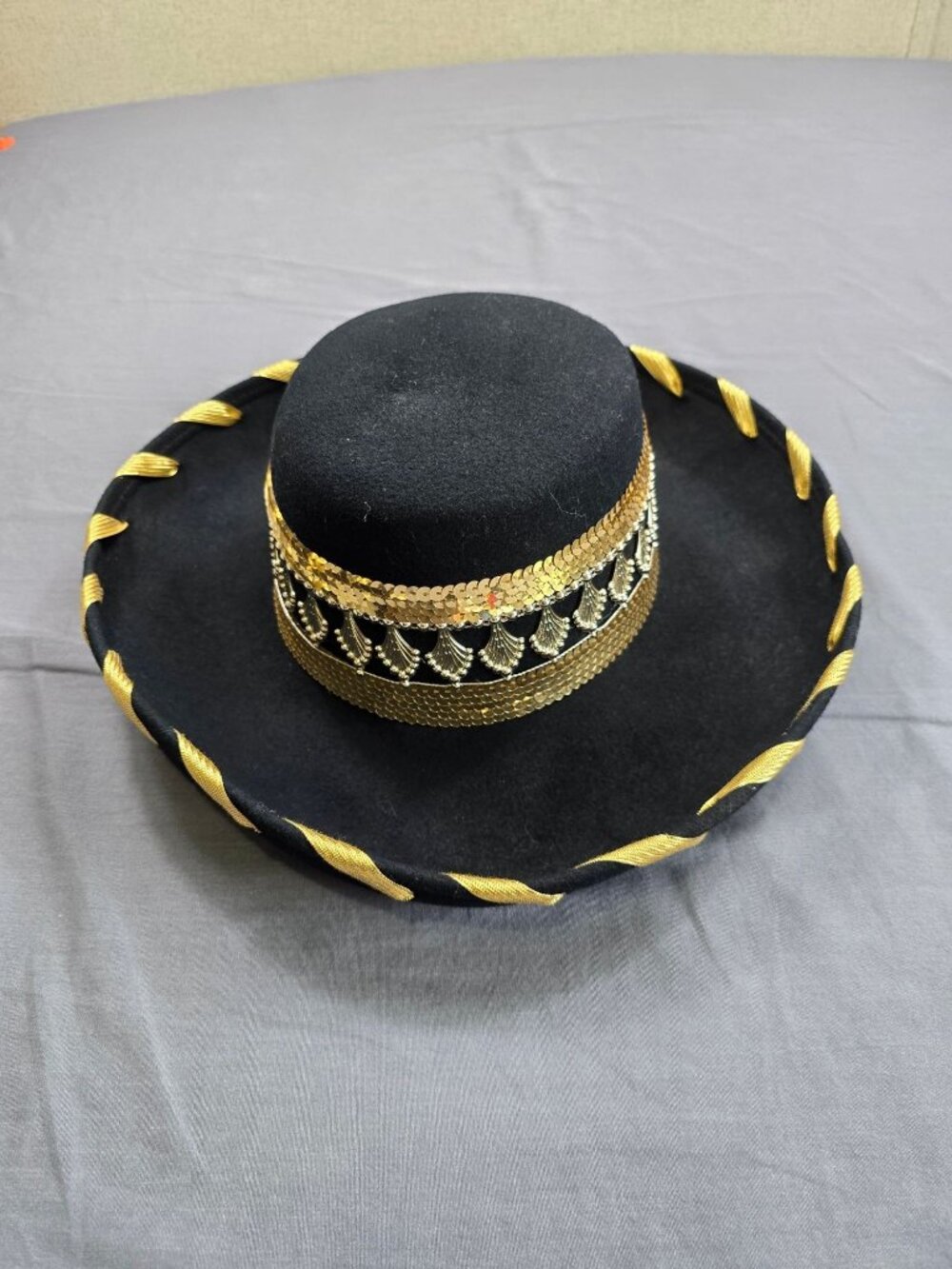 100% Wool Felt Womens Hat Black Gold Embellished Band Round Brim USA Made
